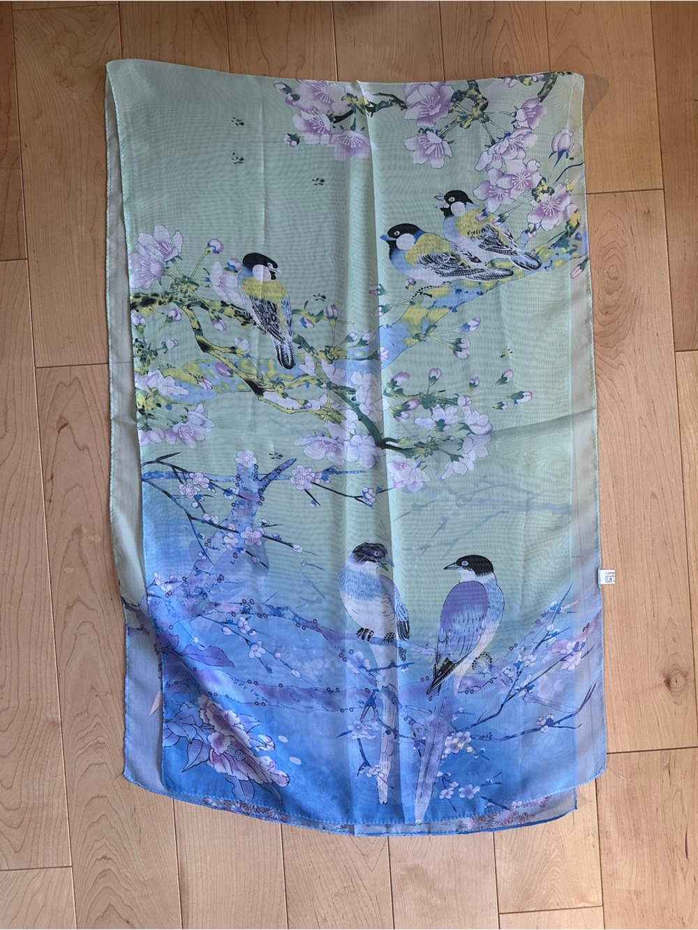 Floral Bird Print Decorative Scarf - Blue & Green